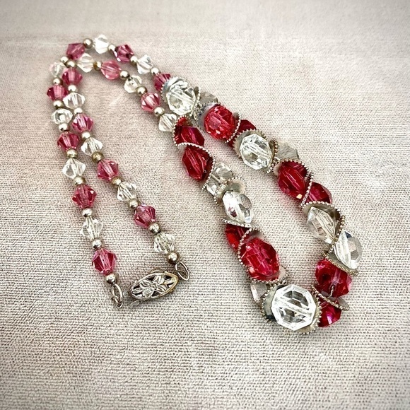 π
Ίantique Vintage pink and clear Czech faceted Glass Crystal Necklace silver tone - Picture 6 of 6